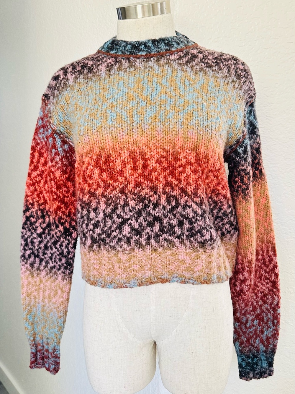 Acne Multicolor Gradient Crew Sweater in Red, Pink, Blue and Brown